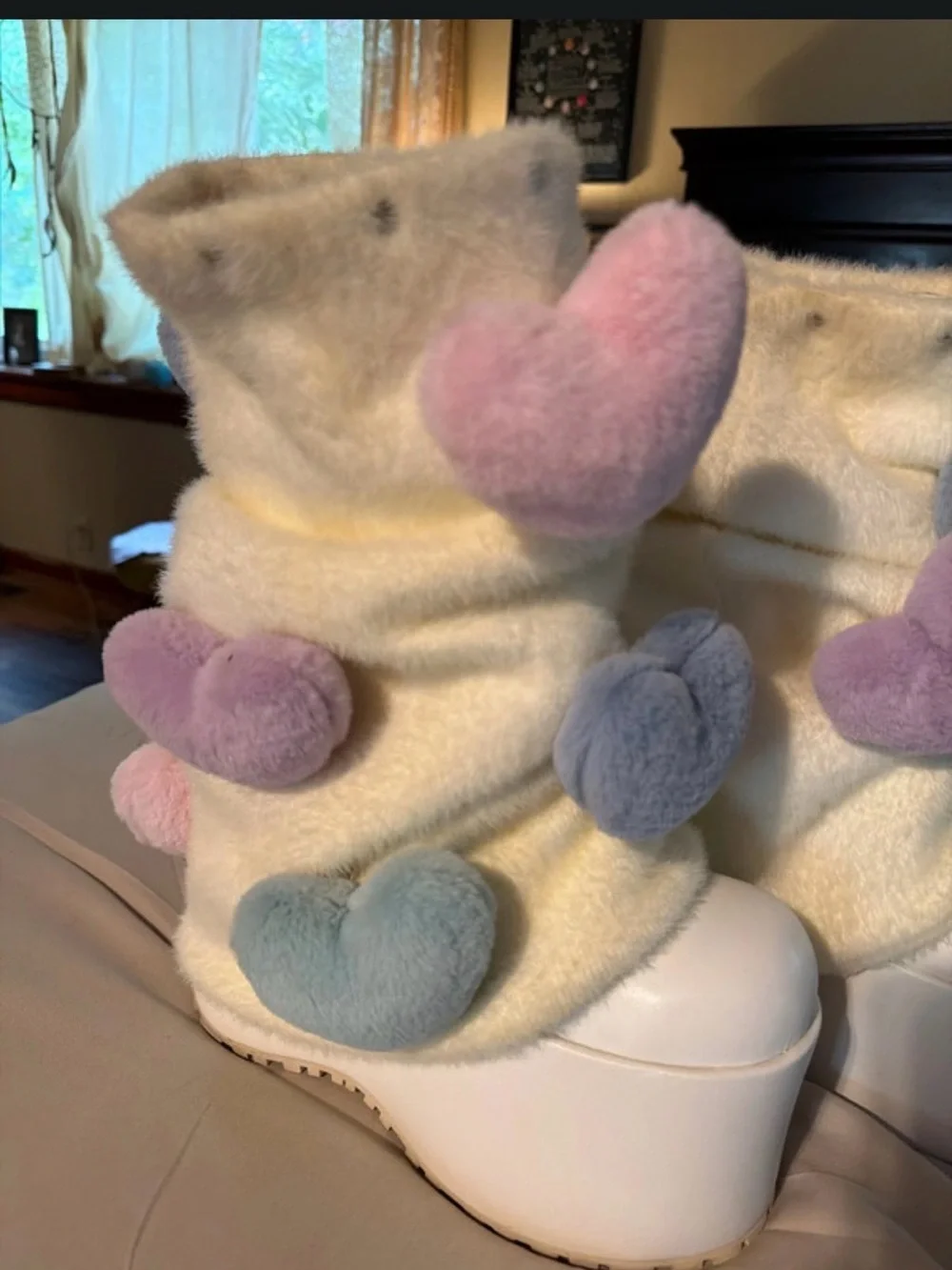 Dolls Kill Cream Platform Boots with Pastel Heart Accents